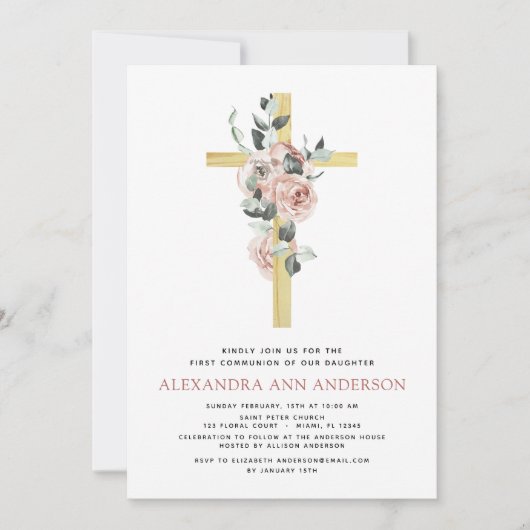 Eerste Heilige Communie roze Roos Greenery Inv Kaart (Voorkant)