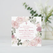 Eerste Heilige Communie Roze Rose Bloem Kaart (Staand voorkant)