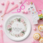 Eerste Heilige Communie Roze Roze Bloem Kruis Papieren Bordje (Feest)