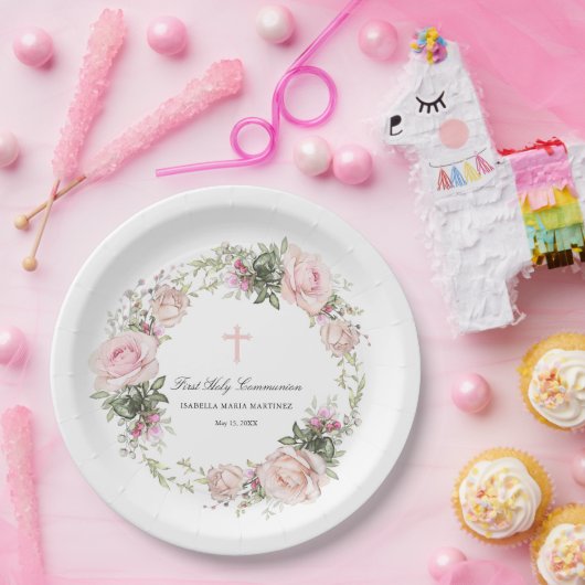 Eerste Heilige Communie Roze Roze Bloem Kruis Papieren Bordje (Feest)