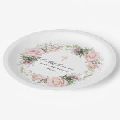 Eerste Heilige Communie Roze Roze Bloem Kruis Papieren Bordje (Gekanteld)