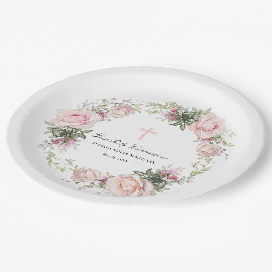 Eerste Heilige Communie Roze Roze Bloem Kruis Papieren Bordje (Gekanteld)