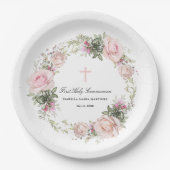 Eerste Heilige Communie Roze Roze Bloem Kruis Papieren Bordje (Voorkant)