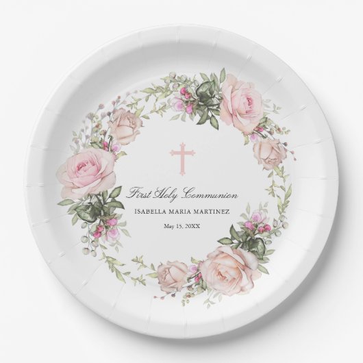 Eerste Heilige Communie Roze Roze Bloem Kruis Papieren Bordje (Voorkant)