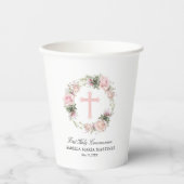 Eerste Heilige Communie Roze Roze Bloemen Kruis Papieren Bekers (Voorkant)