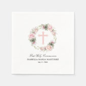 Eerste Heilige Communie Roze Roze Bloemen Kruis Servet (Voorkant)