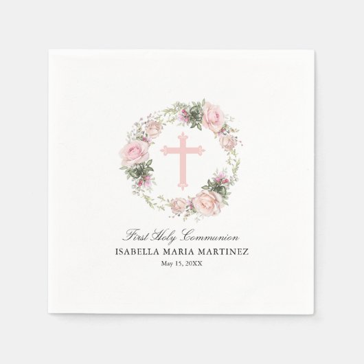 Eerste Heilige Communie Roze Roze Bloemen Kruis Servet (Voorkant)