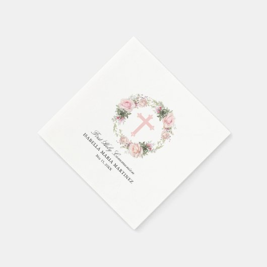 Eerste Heilige Communie Roze Roze Bloemen Kruis Servet (Hoek)