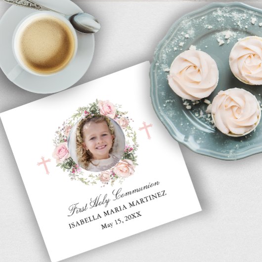 Eerste Heilige Communie Roze Roze Bloemen Kruis Servet
