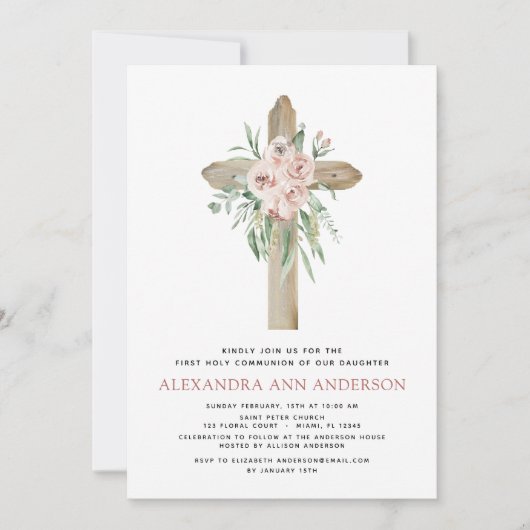 Eerste Heilige Communie Roze Stof Roos Groene Invi Kaart (Voorkant)