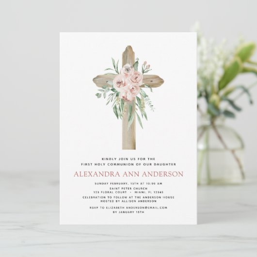 Eerste Heilige Communie Roze Stof Roos Groene Invi Kaart (Staand voorkant)