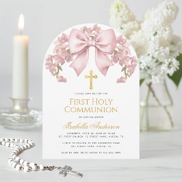 Eerste Heilige Communie Roze Strik Bloem Elegant M Kaart