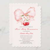 Eerste Heilige Communie Roze strik Cherry Kaart (Voorkant / Achterkant)