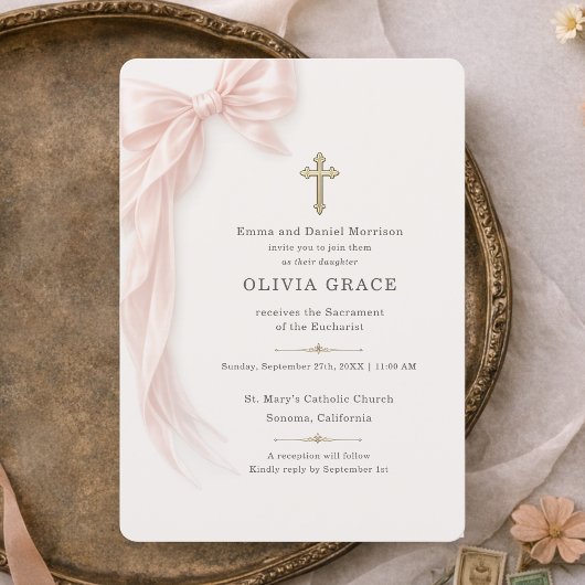 Eerste Heilige Communie Roze Strik Meisje Kaart