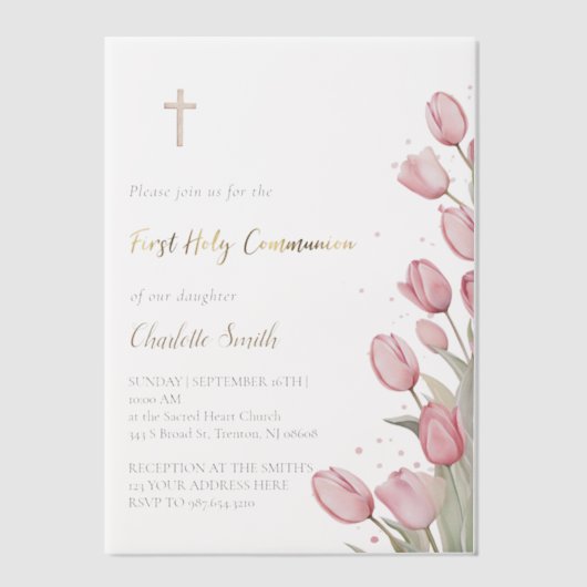 Eerste Heilige Communie roze tulpen Vellum Uitnodigingen (Voorkant)