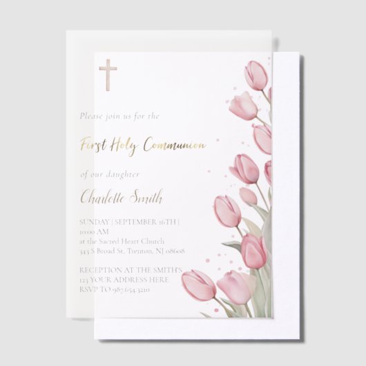 Eerste Heilige Communie roze tulpen Vellum Uitnodigingen (Offset)