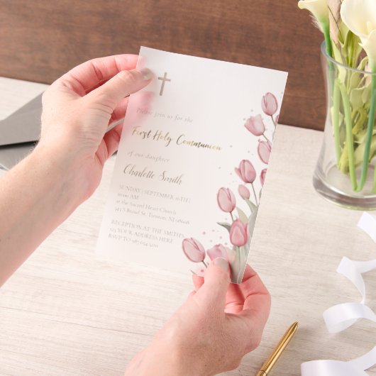 Eerste Heilige Communie roze tulpen Vellum Uitnodigingen (Draagbaar)