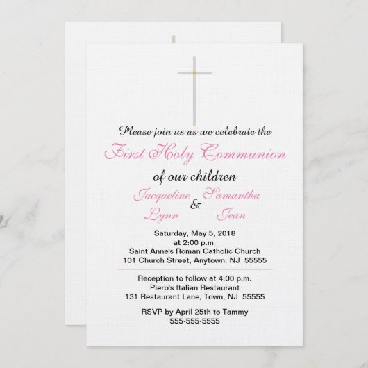 Eerste Heilige Communie Roze Twin Invitations Kaart (Voorkant / Achterkant)