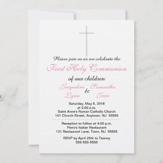 Eerste Heilige Communie Roze Twin Invitations Kaart (Voorkant)