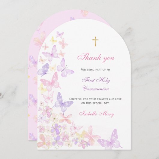 Eerste Heilige Communie Roze Vlinder Dank u Kaart (Voorkant / Achterkant)