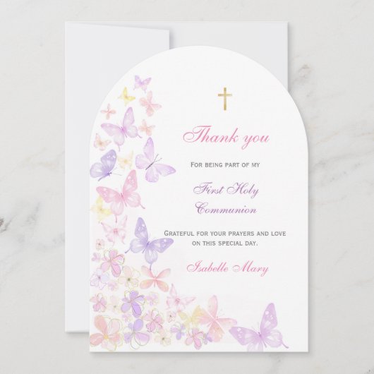 Eerste Heilige Communie Roze Vlinder Dank u Kaart (Voorkant)