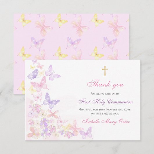 Eerste Heilige Communie Roze Vlinder Meisje Dank j (Voorkant / Achterkant)