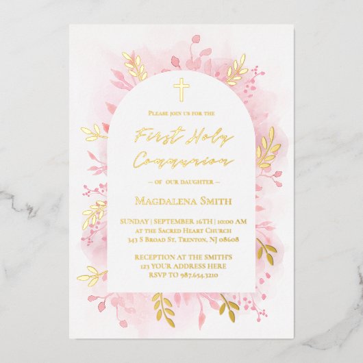 Eerste Heilige Communie roze waterverf Folie Uitnodiging (Voorkant)