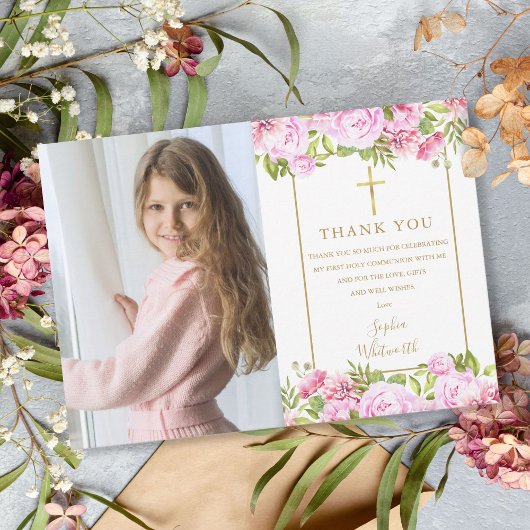 Eerste Heilige Communie Rozen Bloem Foto Bedankkaart