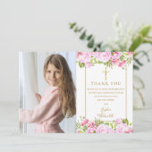 Eerste Heilige Communie Rozen Bloem Foto Bedankkaart (Staand voorkant)