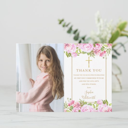 Eerste Heilige Communie Rozen Bloem Foto Bedankkaart (Staand voorkant)