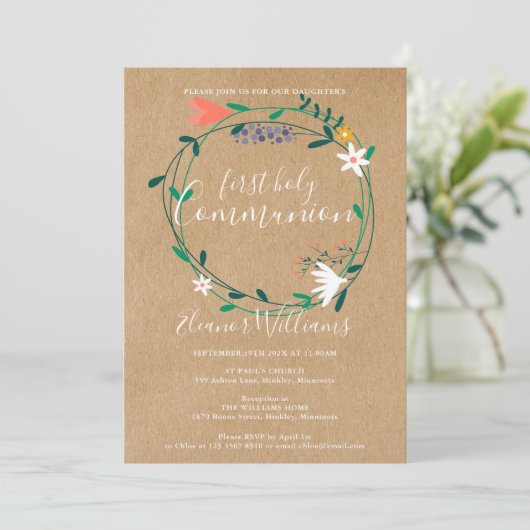 Eerste Heilige Communie Rustic Modern Floral Kaart (Staand voorkant)