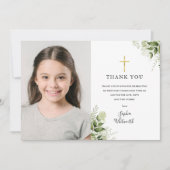 Eerste Heilige Communie Rustieke Groene Foto Bedankkaart (Voorkant)