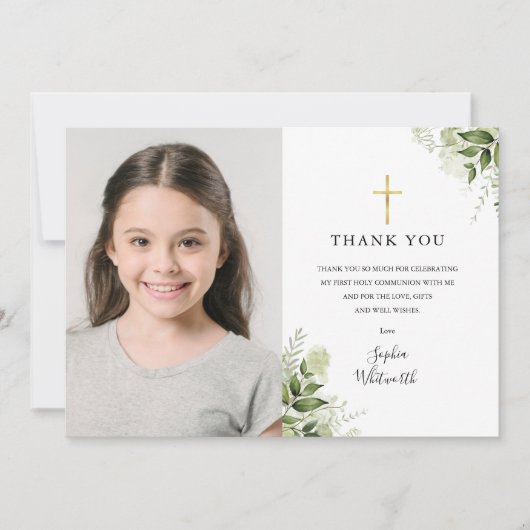 Eerste Heilige Communie Rustieke Groene Foto Bedankkaart (Voorkant)