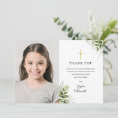 Eerste Heilige Communie Rustieke Groene Foto Bedankkaart (Staand voorkant)