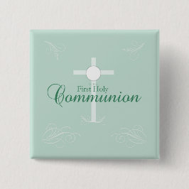 Eerste Heilige Communie, Schrift in Zacht Groen Vierkante Button 5,1 Cm