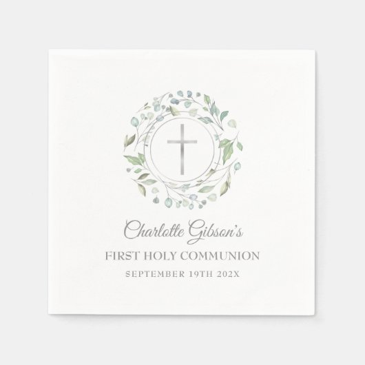 Eerste Heilige Communie Silver Cross Greenery Servet (Voorkant)