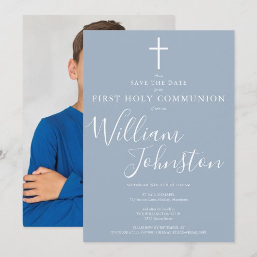 Eerste Heilige Communie Stof Blauwe Script Foto Save The Date (Voorkant / Achterkant)