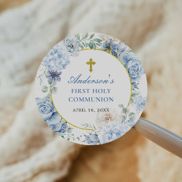 Eerste Heilige Communie Stofblauw Bloem Ronde Sticker