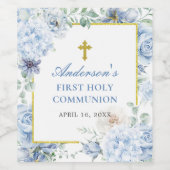 Eerste Heilige Communie Stofblauw Bloem Wijn Etiket (Enkel label)