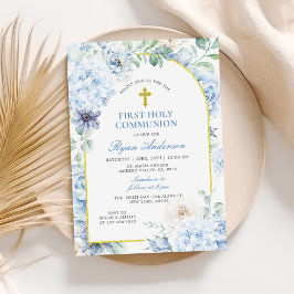 Eerste Heilige Communie Stofblauw Bloemmotief Kaart