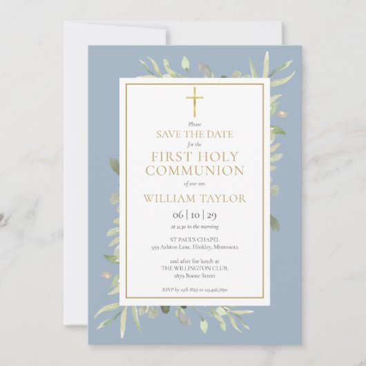 Eerste Heilige Communie Stofblauw Groenery Save The Date (Voorkant)