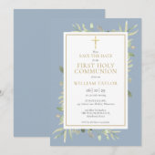 Eerste Heilige Communie Stofblauw Groenery Save The Date (Voorkant / Achterkant)