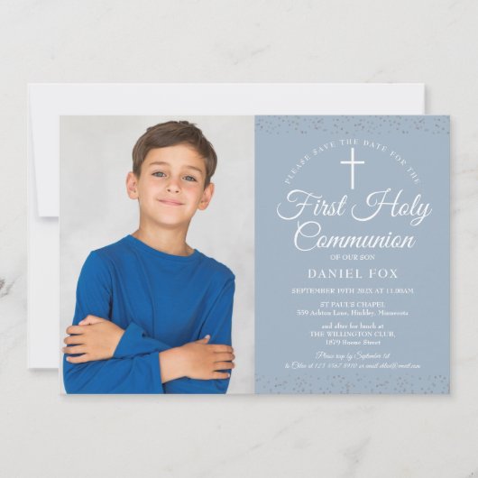 Eerste Heilige Communie Stofblauw Sterrenstof Foto Save The Date (Voorkant)
