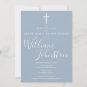 Eerste Heilige Communie Stofblauwe Script Foto Save The Date (Voorkant)