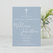 Eerste Heilige Communie Stofblauwe Script Foto Save The Date (Staand voorkant)