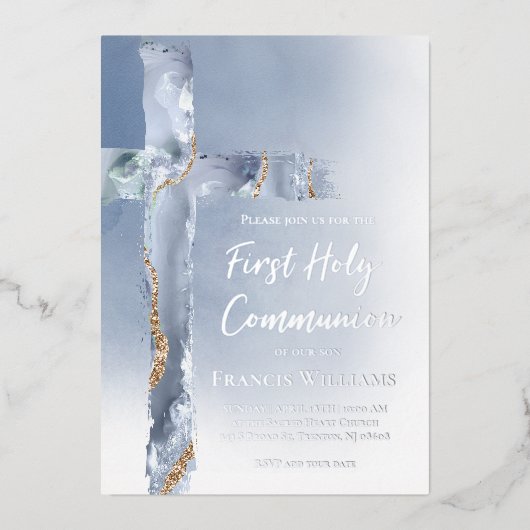 Eerste Heilige Communie stoffig blauw kruis Folie Uitnodiging (Voorkant)