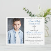 Eerste Heilige Communie Stusty Blue Silver Striped Kaart (Staand voorkant)