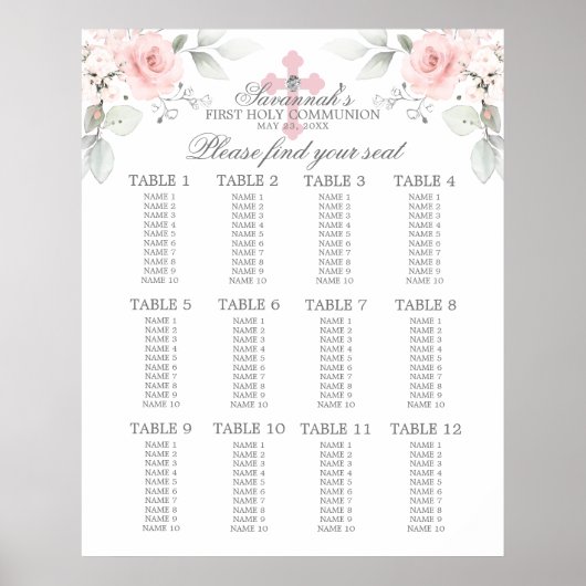 Eerste Heilige Communie Tafelkaart Roze Roos Meisj Poster (Voorkant)