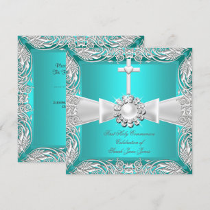 Eerste Heilige Communie Teal Wit Zilver Meisje Jon Kaart