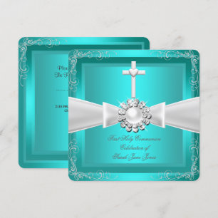Eerste Heilige Communie Teal Wit Zilver Meisje Jon Kaart